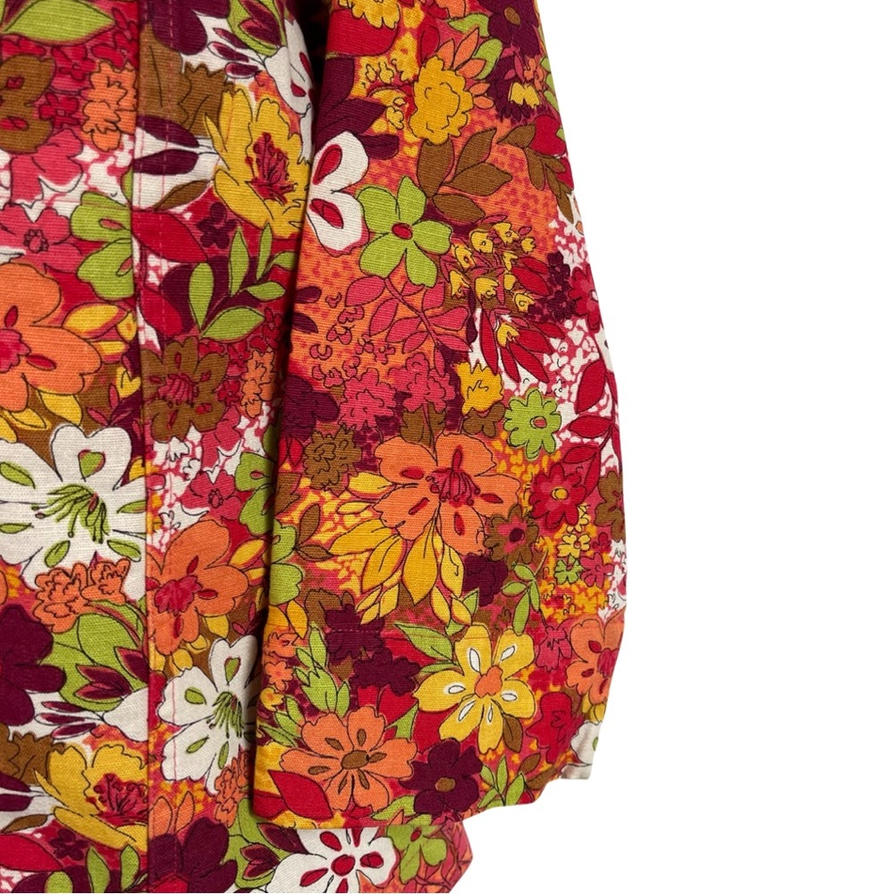 Retro Floral Print Linen Cotton Blend Jacket M Orange Gold - Picture 4 of 11